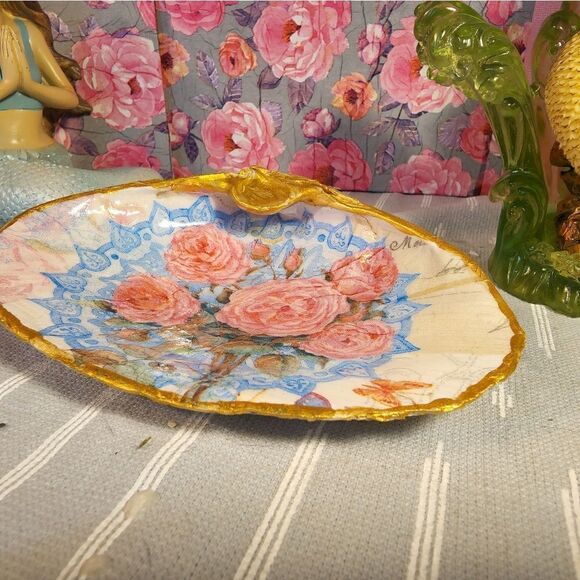 DECOUPAGE CLAM SHELL DECOUPAGE FLOWERS TRINKET DISH - Picture 7 of 10